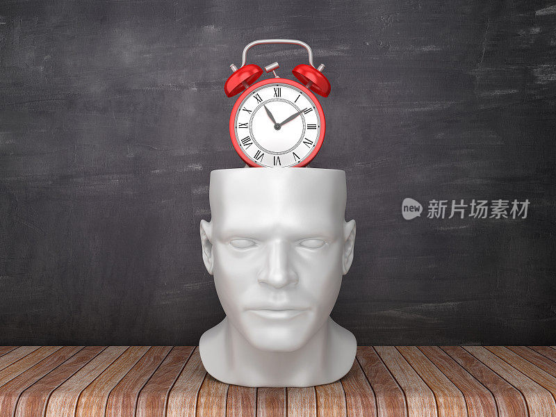 人的头与时钟在黑板背景- 3D渲染